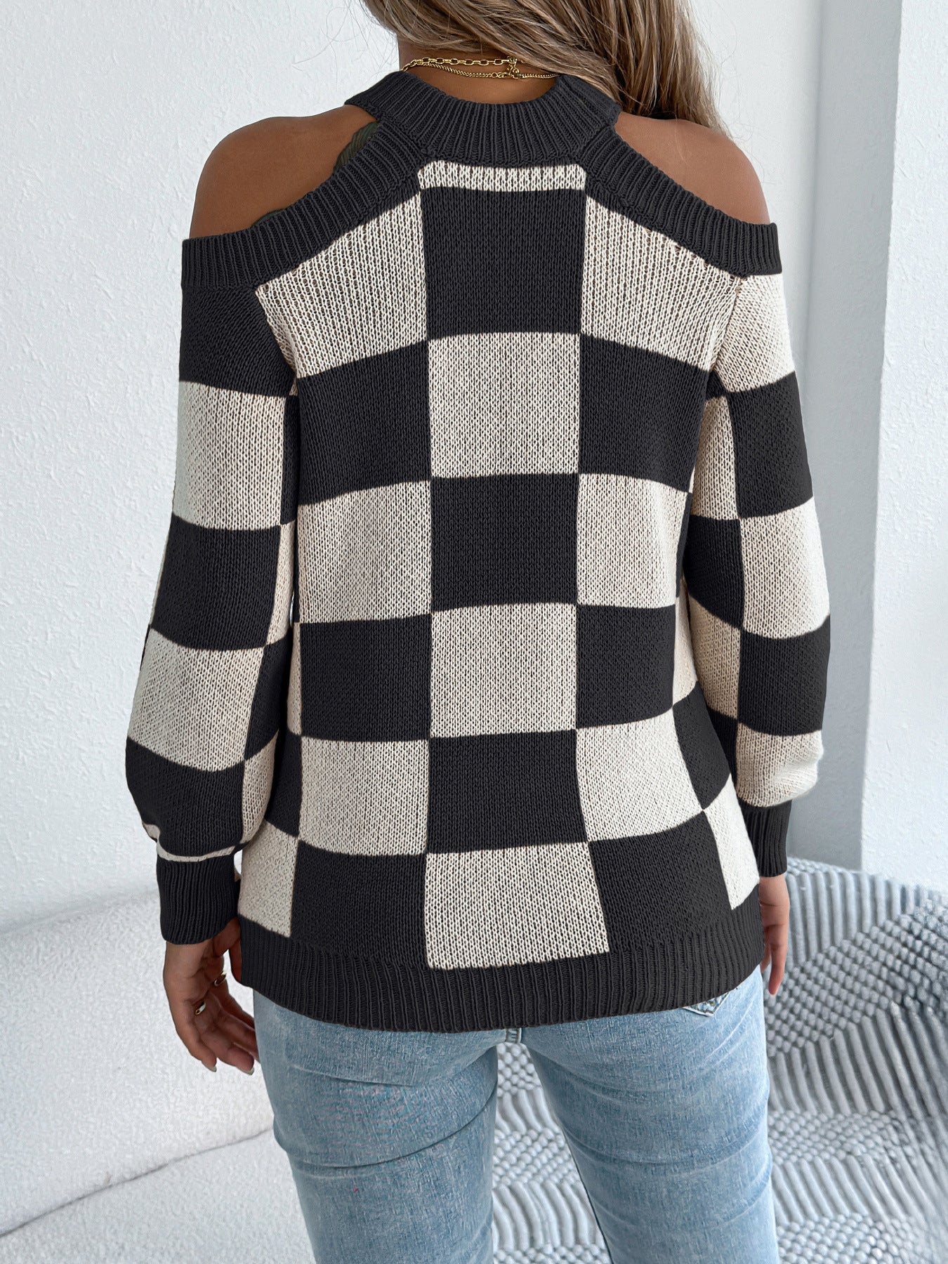 Checkered Print Sweater with Cold Shoulder Design - TayDiane
