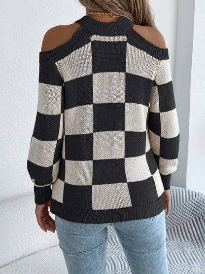 Checkered Print Sweater with Cold Shoulder Design - TayDiane