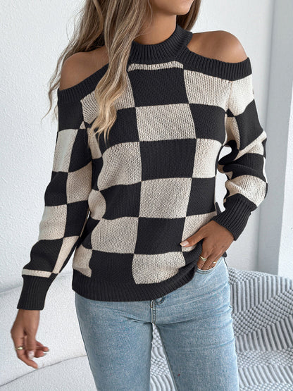 Checkered Print Sweater with Cold Shoulder Design - TayDiane