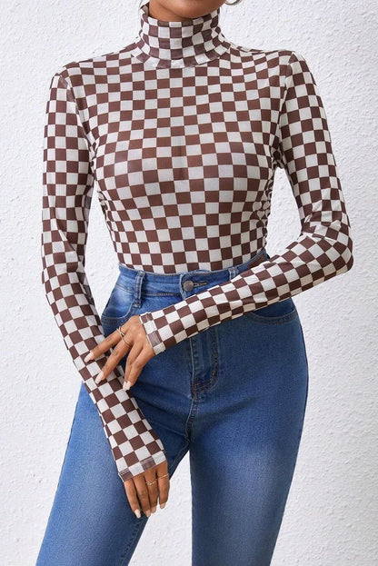 Checkered Turtleneck Long Sleeve Bodysuit - TayDiane