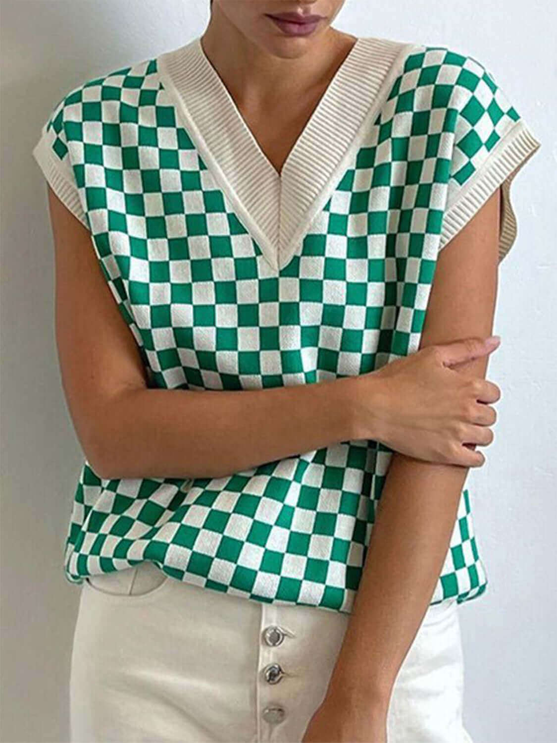 Checkered V - Neck Cap Sleeve Sweater - TayDiane