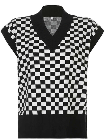 Checkered V - Neck Cap Sleeve Sweater - TayDiane