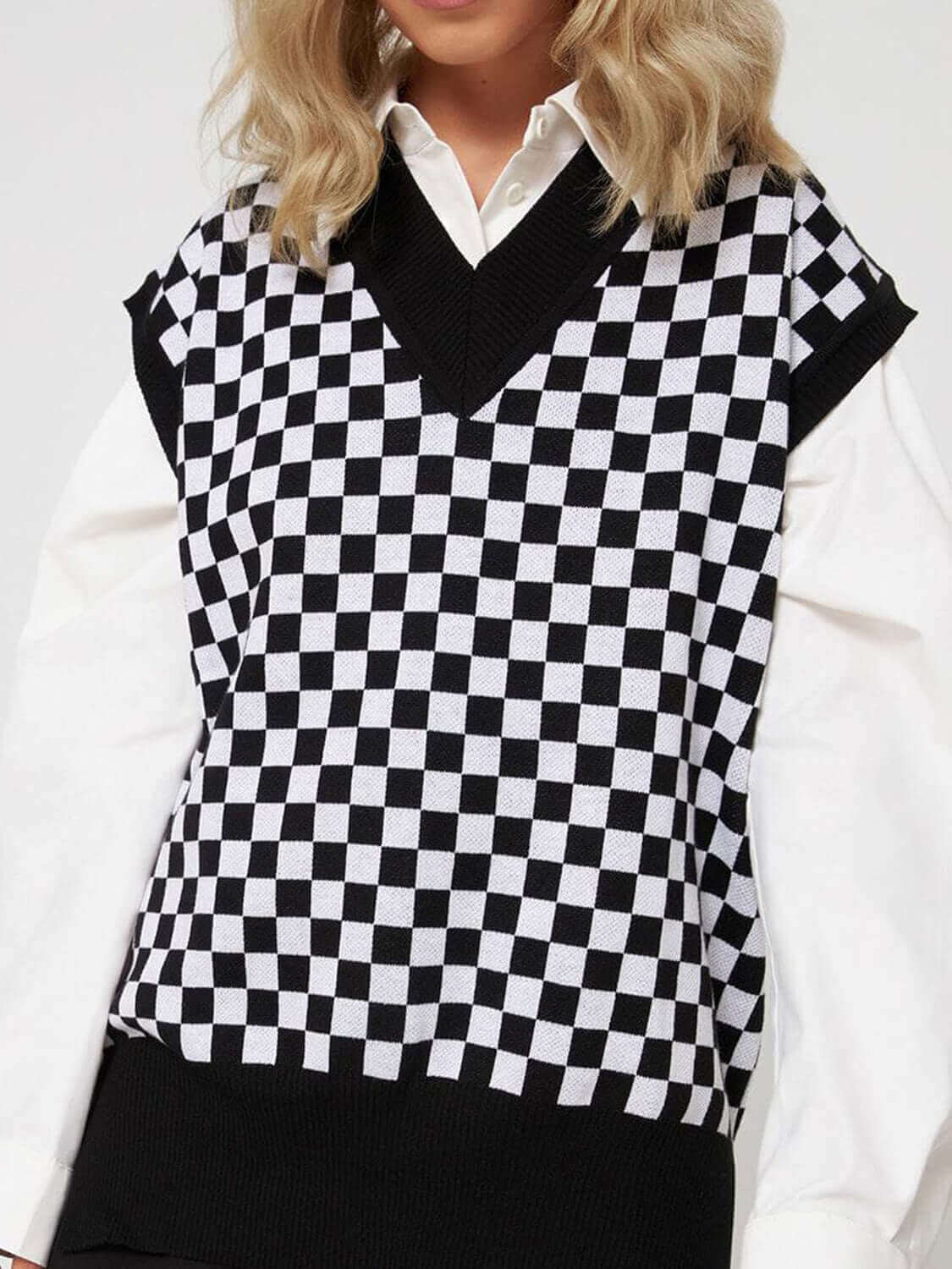 Checkered V - Neck Cap Sleeve Sweater - TayDiane