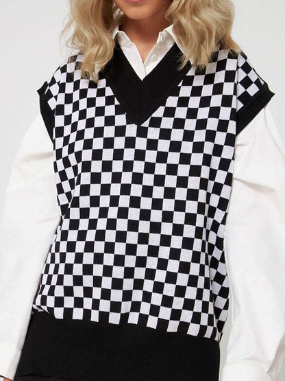 Checkered V - Neck Cap Sleeve Sweater - TayDiane