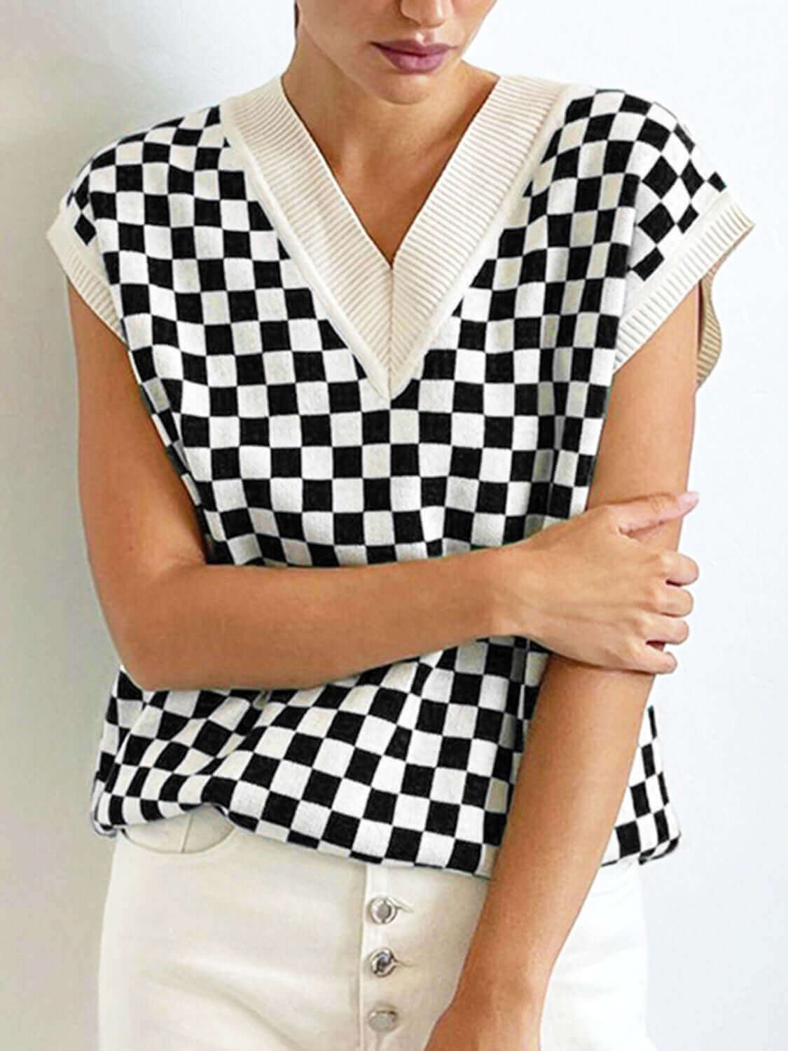 Checkered V - Neck Cap Sleeve Sweater - TayDiane