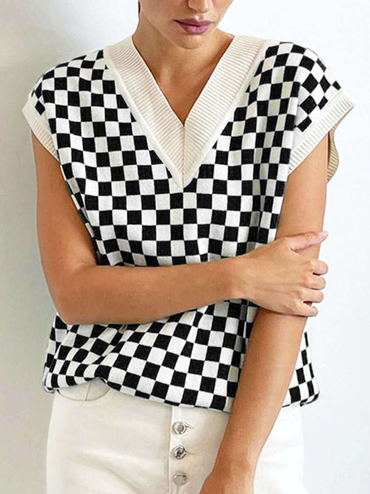 Checkered V - Neck Cap Sleeve Sweater - TayDiane