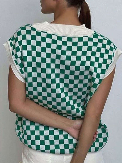 Checkered V - Neck Cap Sleeve Sweater - TayDiane