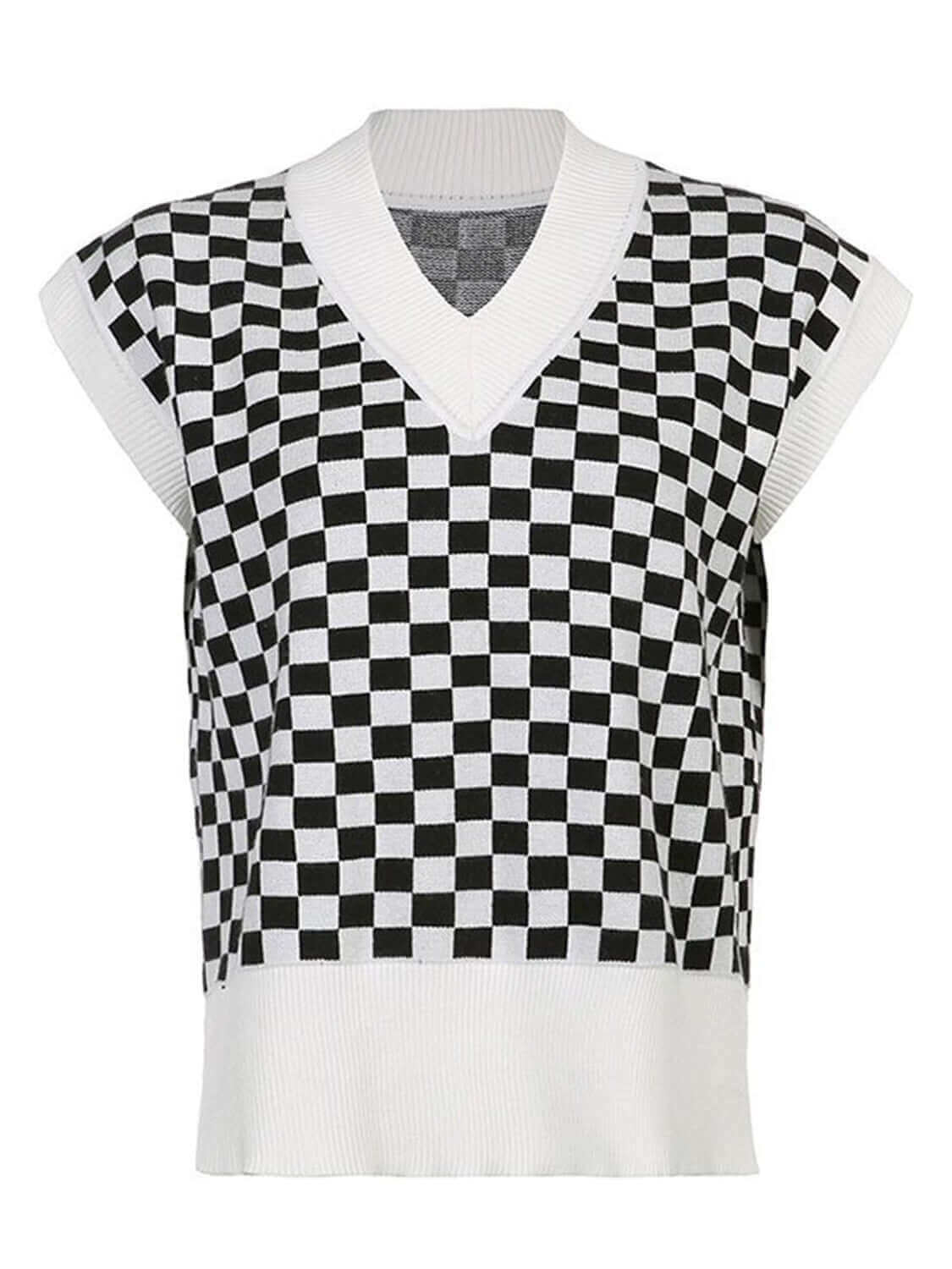 Checkered V - Neck Cap Sleeve Sweater - TayDiane