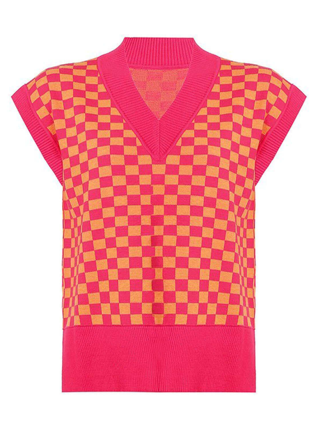 Checkered V - Neck Cap Sleeve Sweater - TayDiane