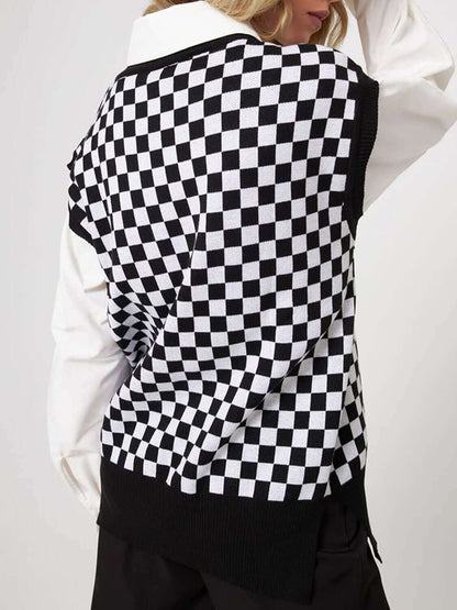 Checkered V - Neck Cap Sleeve Sweater - TayDiane