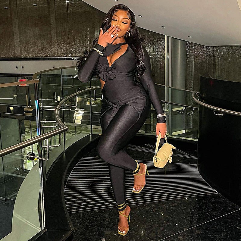 Chic Asymmetric Cutout Long Sleeve Jumpsuit - TayDiane