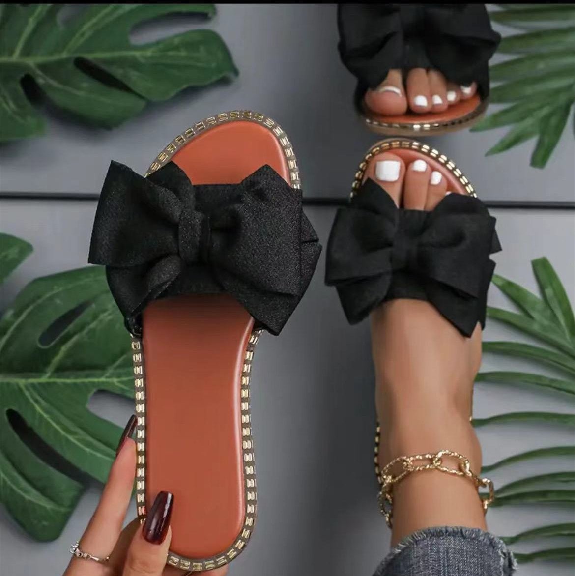 Chic Bow Rhinestone Flat Sandals - Taydiane