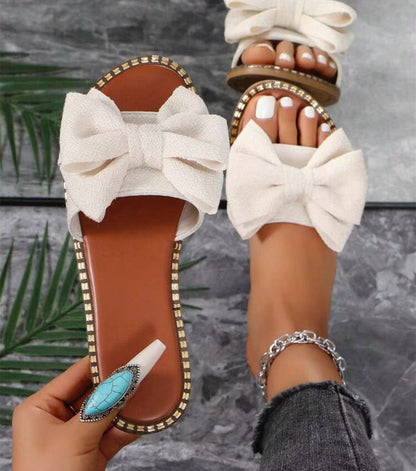 Chic Bow Rhinestone Flat Sandals - Taydiane