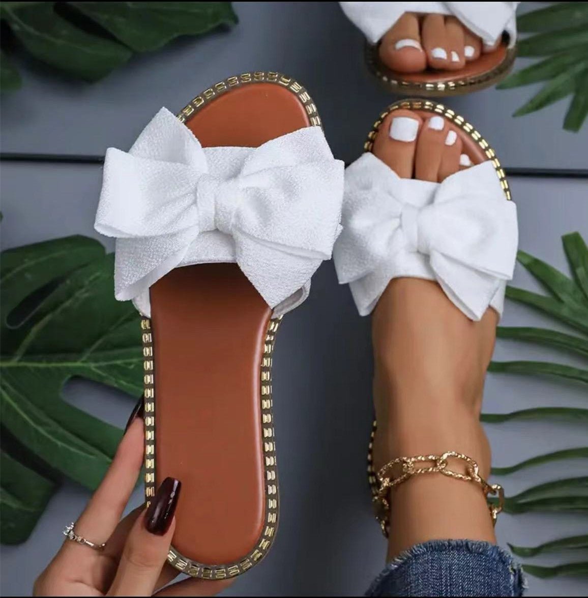 Chic Bow Rhinestone Flat Sandals - Taydiane