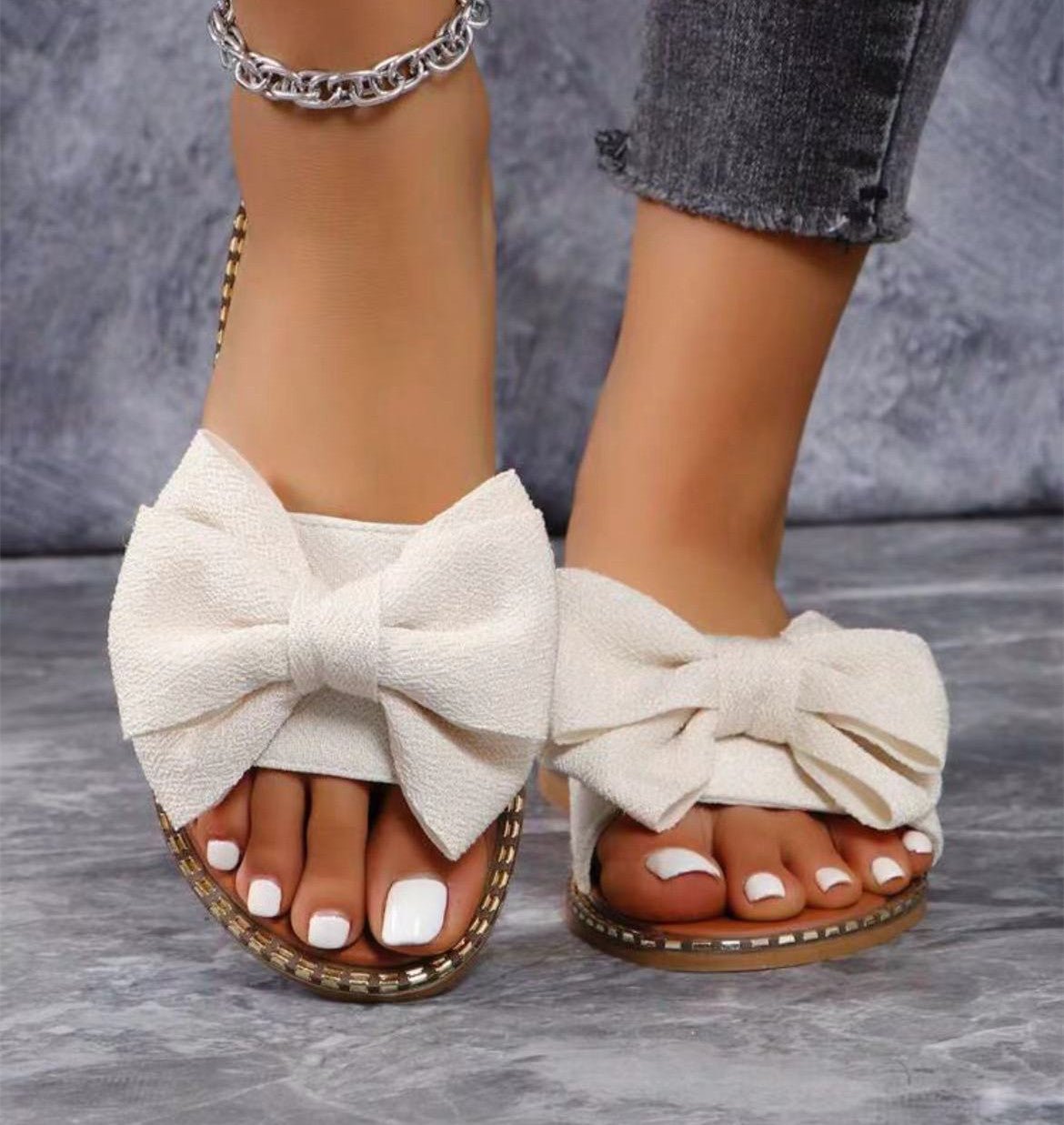 Chic Bow Rhinestone Flat Sandals - Taydiane