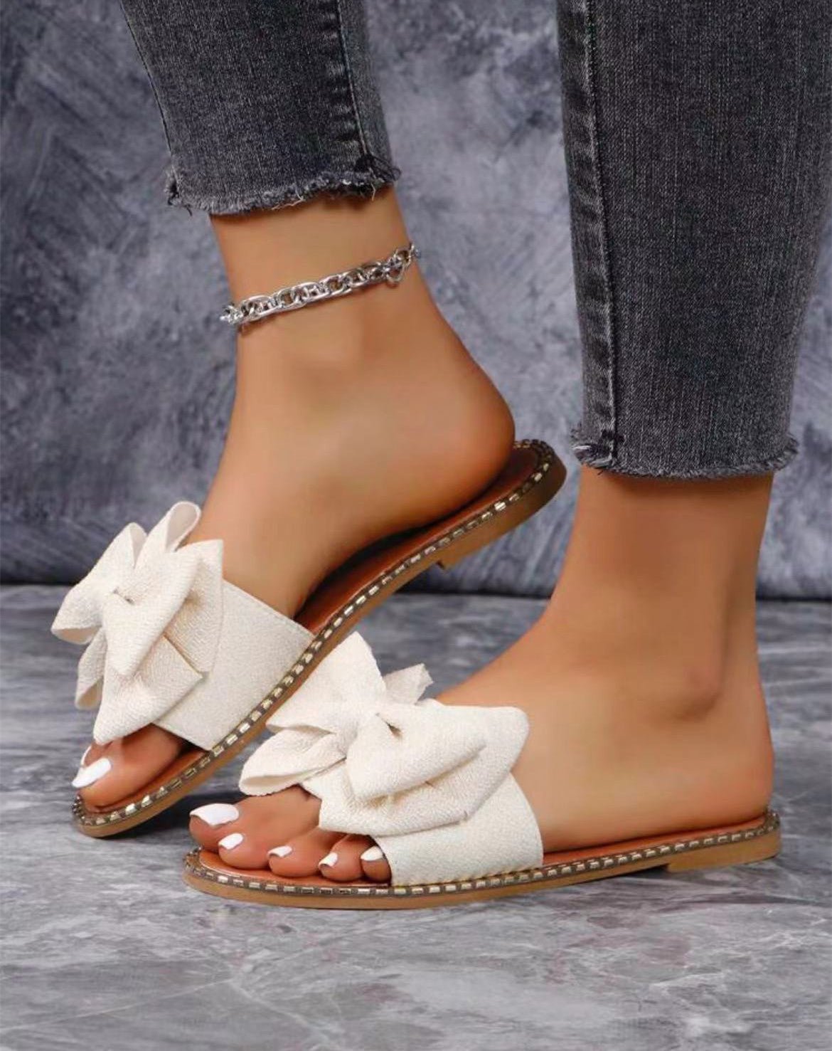 Chic Bow Rhinestone Flat Sandals - Taydiane