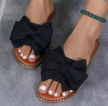 Chic Bow Rhinestone Flat Sandals - Taydiane