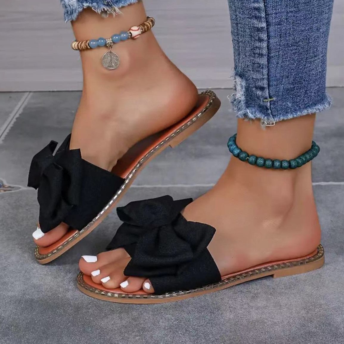 Chic Bow Rhinestone Flat Sandals - Taydiane