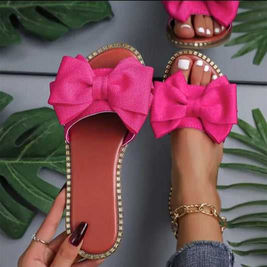 Chic Bow Rhinestone Flat Sandals - Taydiane