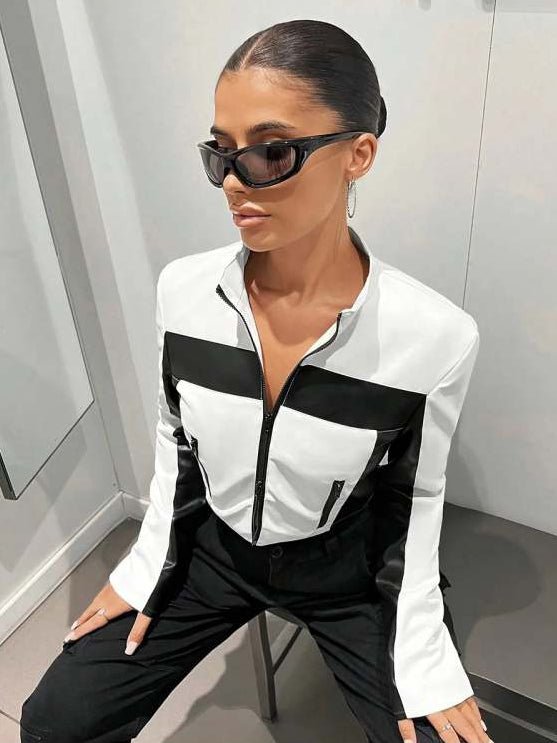 Chic Color - Block Cropped Moto Jacket - TayDiane