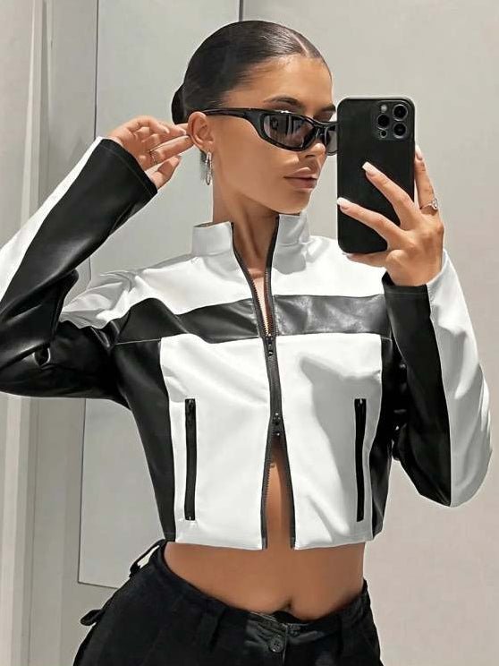 Chic Color - Block Cropped Moto Jacket - TayDiane