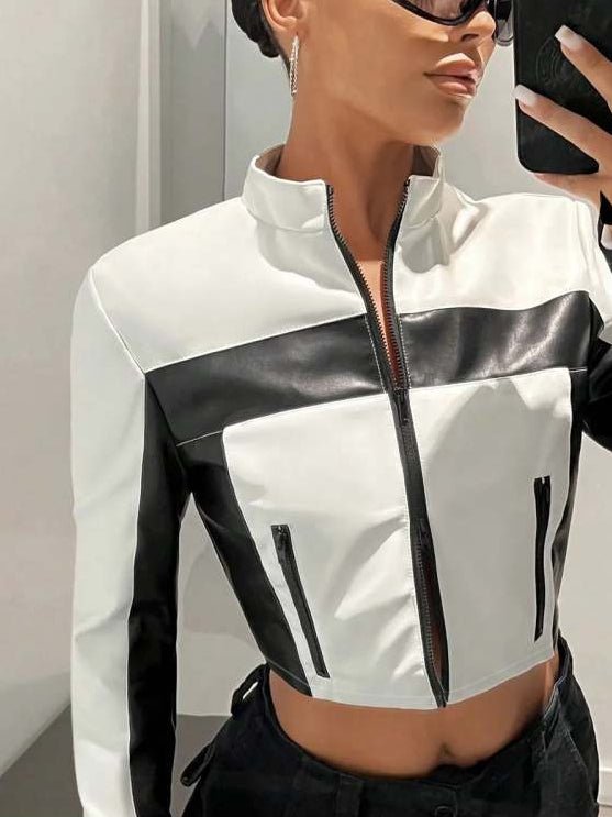 Chic Color - Block Cropped Moto Jacket - TayDiane