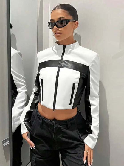 Chic Color - Block Cropped Moto Jacket - TayDiane