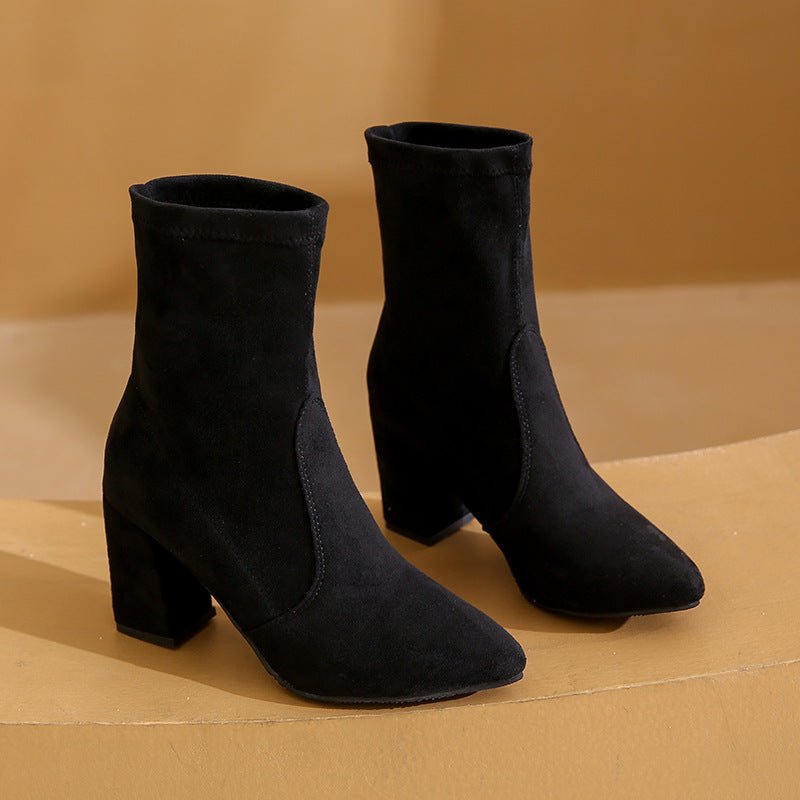 Chic Suede Block Heel Ankle Boots - TayDiane