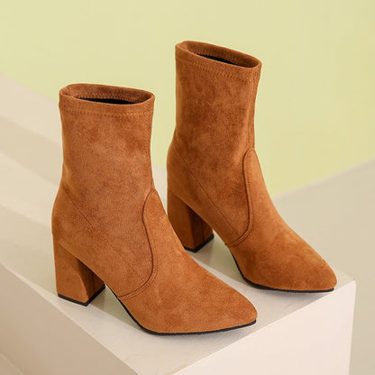 Chic Suede Block Heel Ankle Boots - TayDiane