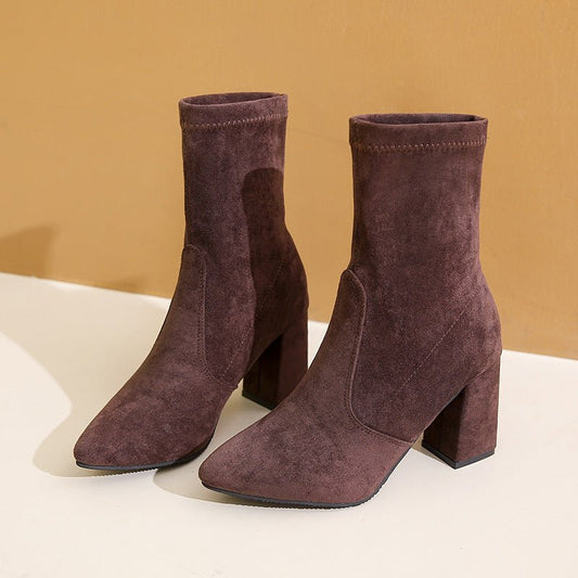 Chic Suede Block Heel Ankle Boots - TayDiane