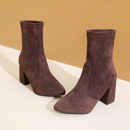 Chic Suede Block Heel Ankle Boots - TayDiane