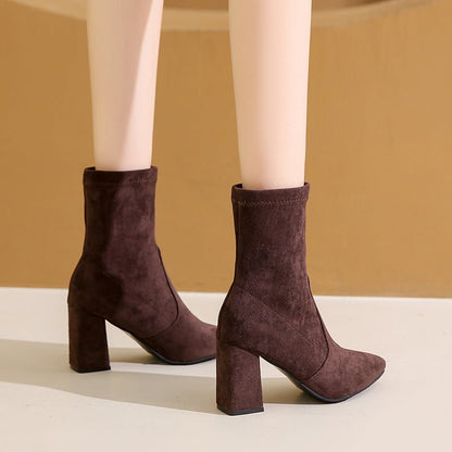 Chic Suede Block Heel Ankle Boots - TayDiane