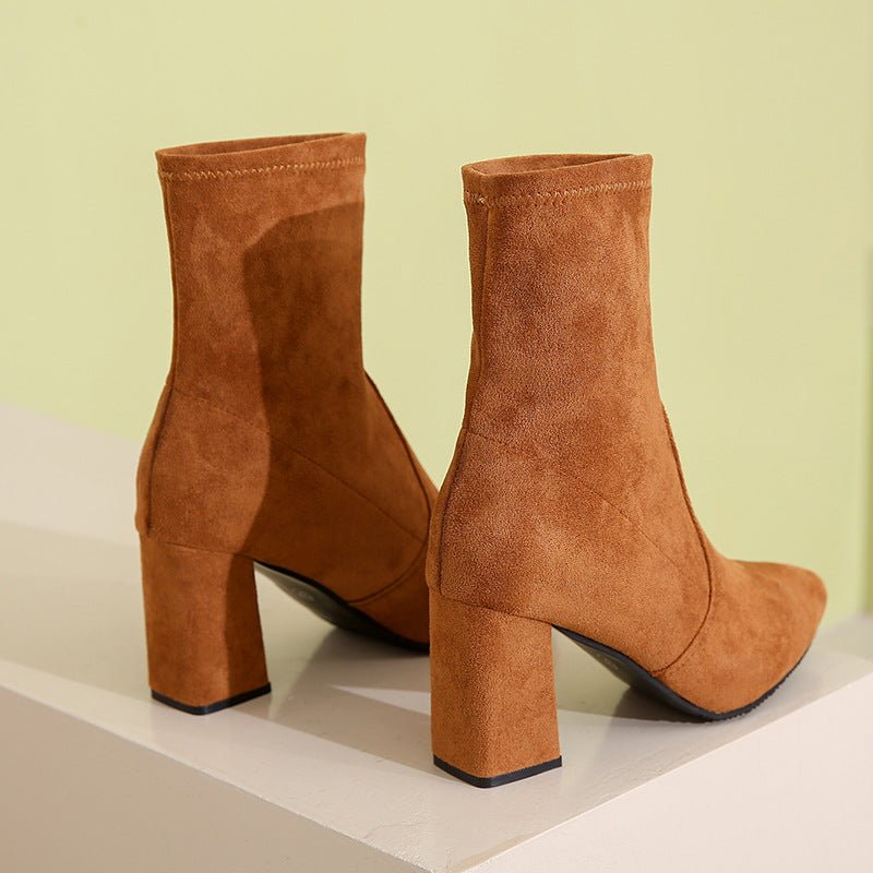 Chic Suede Block Heel Ankle Boots - TayDiane