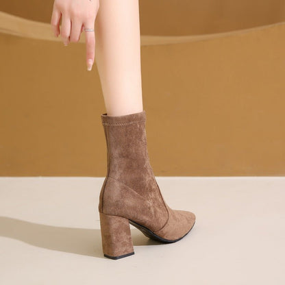 Chic Suede Block Heel Ankle Boots - TayDiane