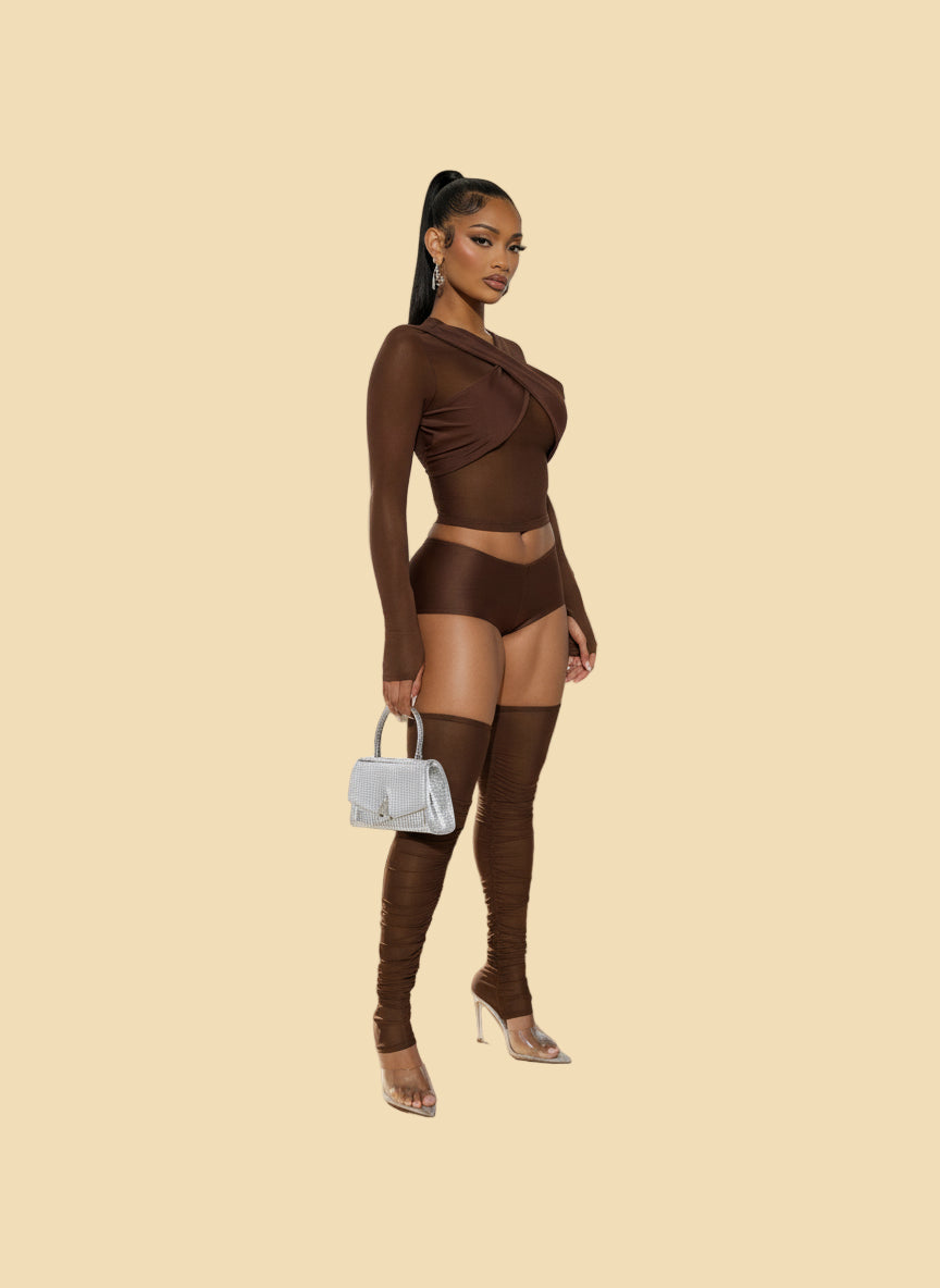 Chocolate Wrap Cropped Mesh Set - TayDiane