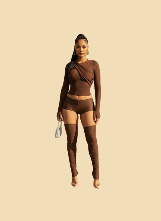 Chocolate Wrap Cropped Mesh Set - TayDiane