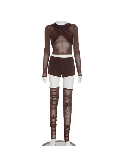 Chocolate Wrap Cropped Mesh Set - TayDiane