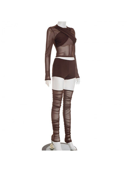 Chocolate Wrap Cropped Mesh Set - TayDiane