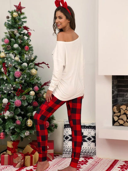 Christmas Plaid Print Off - Shoulder Pajama Set - TayDiane