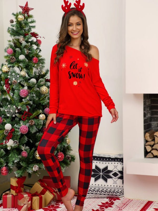 Christmas Plaid Print Off - Shoulder Pajama Set - TayDiane