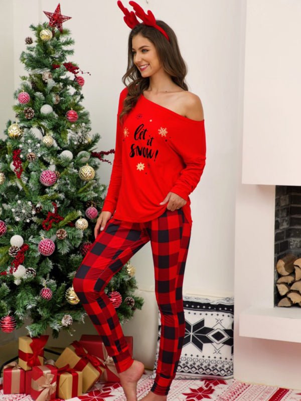 Christmas Plaid Print Off - Shoulder Pajama Set - TayDiane