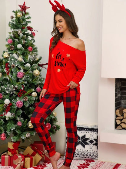 Christmas Plaid Print Off - Shoulder Pajama Set - TayDiane