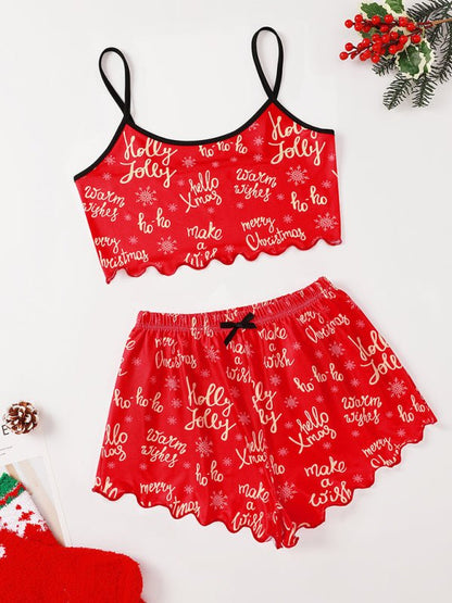 Christmas print sleeveless shorts, simple and casual two - piece home wear - TayDiane