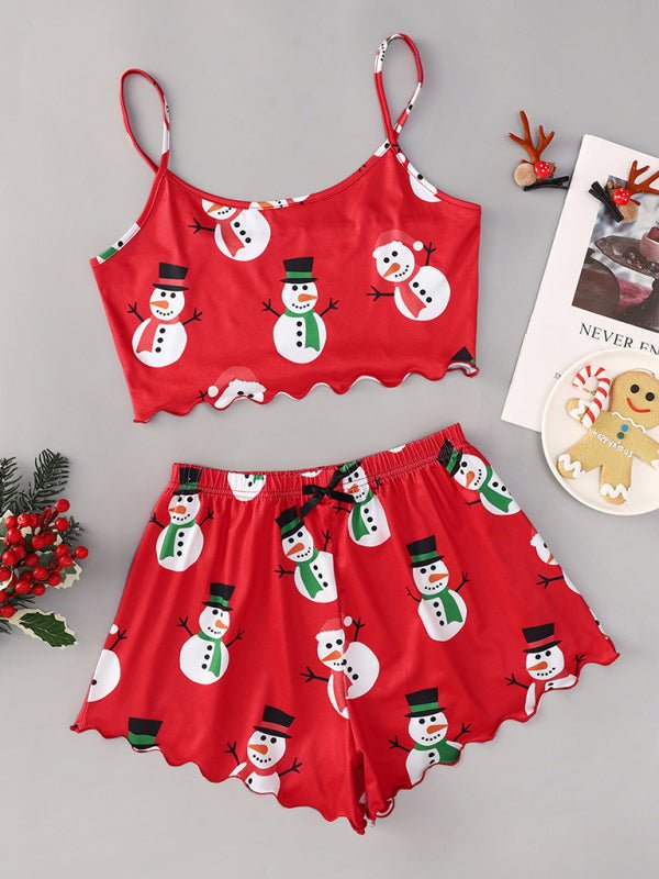 Christmas print sleeveless shorts, simple and casual two - piece home wear - TayDiane