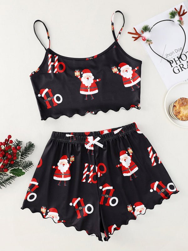 Christmas print sleeveless shorts, simple and casual two - piece home wear - TayDiane