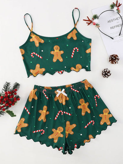 Christmas print sleeveless shorts, simple and casual two - piece home wear - TayDiane