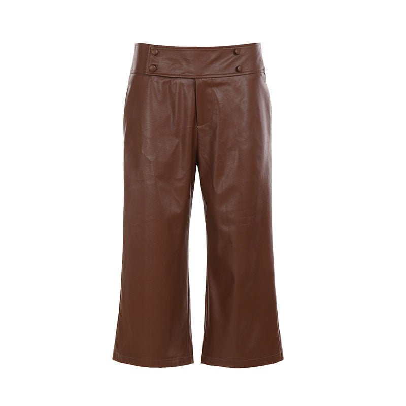 City Charm Button Detail Faux Leather Cropped Pants - Taydiane