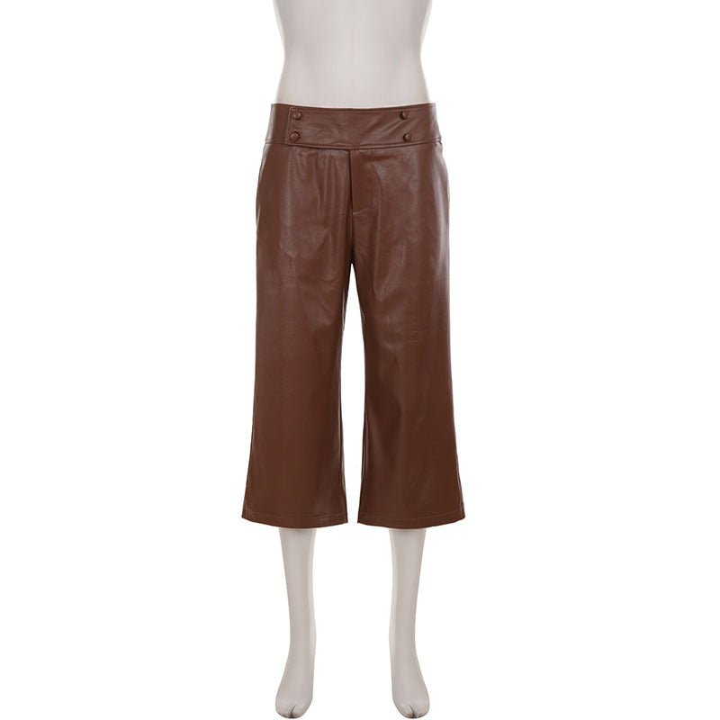 City Charm Button Detail Faux Leather Cropped Pants - Taydiane