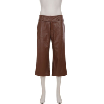 City Charm Button Detail Faux Leather Cropped Pants - Taydiane