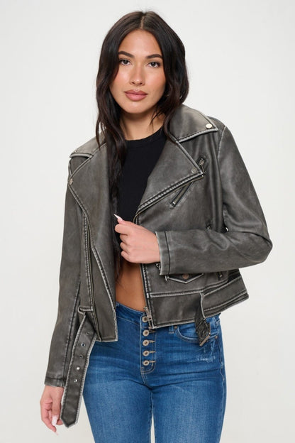 Coalition LA Zip Up Biker Jacket with Belt - TayDiane